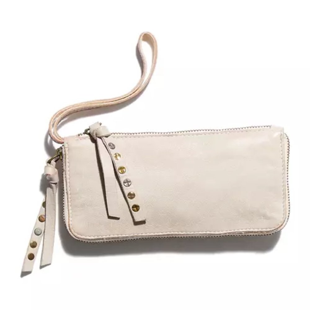 Free People Distressed Leather Wristlet Wallet in Cream